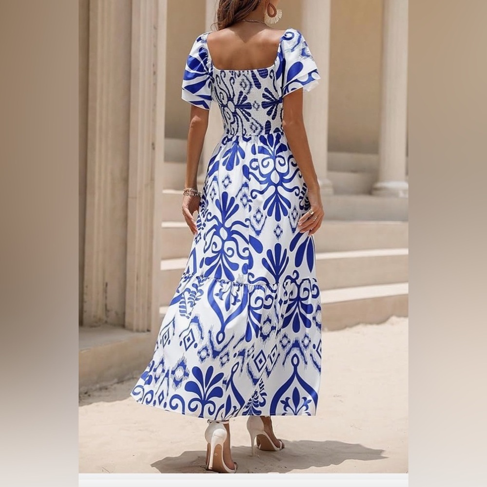 EFJONE Blue & White Allover Print Stretch Top Layer Sleeve Tiered Greek Dress XL - Picture 2 of 9